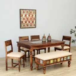 mudramark from pepperfry Siramika Sheesham Wood 6 Seater Dining Set In Provincial Teak Finish With Cushioned Bench-picture-6