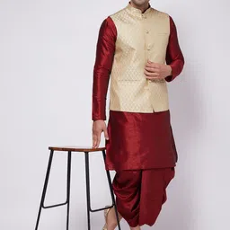 VASTRAMAY Mandarin Collar Regular Kurta with Dhoti Pants & Woven Design Nehru Jacket-image-32