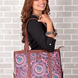 ZOUK Peach-Coloured & Blue Jute & Vegan Leather Handcrafted 16 Inch Laptop Sustainable Shoulder Bag-22