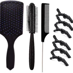 Professional Hair Styling Clips Sectioning Crocodile hair clips (6 pcs) + Rectangular Cushion Paddle Hair Brush + Round Hair Brush For Blow Drying for men & women + Carbarn Fiber Tail Pin Hair Comb For cutting sectioning styling for women man used in salon-image-19