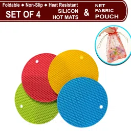 Silicon Rounded Multipurpose Table Hot Mat, Coasters & [ Net Fabric Pouch ] Foldable, Anti-Slip, Heat Resistant Trivet-18