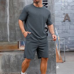 Men Top & Shorts Set Grey Solid-image-31