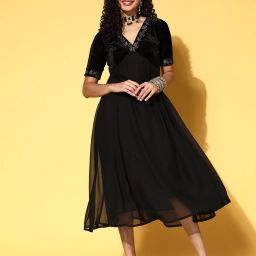 Women Fit and Flare Black Ankle Length Dress-image-28
