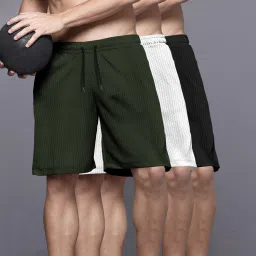 Pack of 3 Solid Men Dark Green, White, Black Regular Shorts-image-60