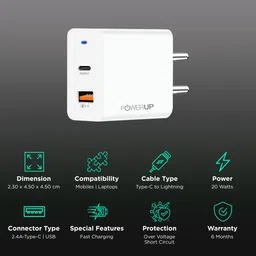 POWERUP 20W Type A & Type C 2-Port Fast Charger (Type C & Lightning Cable, Short-Circuit Protection, White) image 2