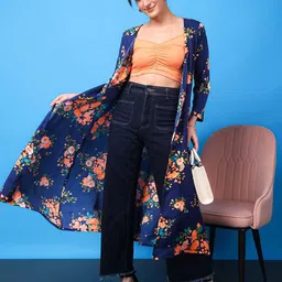 SCORPIUS Floral Printed Longline Crepe Open Front Shrug image 3