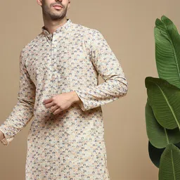 Anouk Off White Geometric Embroidered Mandarin Collar Sequined Pure Cotton Straight Kurta-image-49