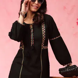 Anouk Black Geometric Embroidered Tie Up Neck Pure Cotton Kurti-image-51
