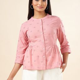 AKKRITI BY PANTALOONS Floral Applique Mandarin Collar Cotton A Line Top-picture-35