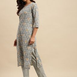 Sangria Grey Ethnic Printed Thread Work Pure Cotton Kurta With Trouser & Dupatta Set image 3