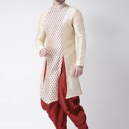DEYANN Men Cream-Coloured Ethnic Motifs Printed Panelled Dupion Silk Kurta with Patiala image 3