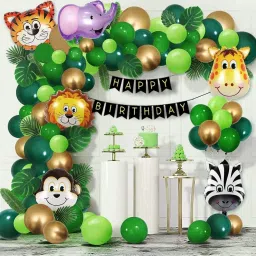Jungle Safari Green Theme Birthday Decoration Kit with Animals Face Foil Balloons, Happy Birthday Banner, Leaf and Balloons-3