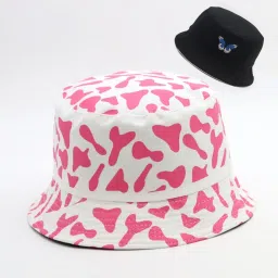 poshing latest cow design Reversible cotton Butterfly Embroidered Bucket Hat for Women-image-92