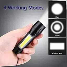 awza Zoomable XPE + COB LED Flashlight, Super Bright LED Torch,Waterproof Flashlight,4 Light Modes For Camping Hiking and Emergency Use Torch (Black : Rechargeable) 6 hrs Torch Emergency Light image 3