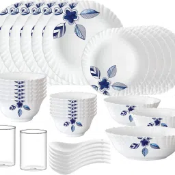 Pack of 35 Opalware MG {Dinner plate 10"(6 pcs) || Quarter plate 7.5"(6 pcs) || Rice Bowl 8.5" 1.2 Ltr (1 Pc) || Veg bowl 4.3"(6 Pcs) || Small Veg Bowl 3.9"(6 pcs) || Serving Bowl 7"(2 pcs) || Spoon (6 pcs) || Juice Glass 120ml (2 Pcs)} Dinner Set-14