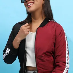 Campus Sutra Black & Maroon Colourblocked Windcheater Bomber Jacket-42