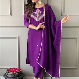 KALINI Ethnic Motifs Embroidered Thread Work Straight Kurta with Trousers &  Dupatta-13