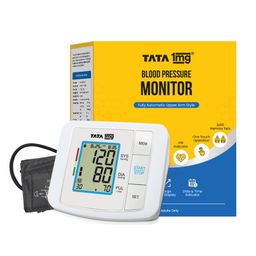 Tata 1mg Blood Pressure Monitor | Digital BP Check Machine For Home | Fully Automatic Upper Arm Style BP Monitor | With USB Cable & AA Battery | Large LCD Display | Memory 90 Sets For 2 Users, White image 1