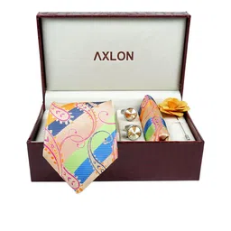 AXLON Men Striped Design Tie Set With Pocket Square-Cufflink & Flower Pin image 4