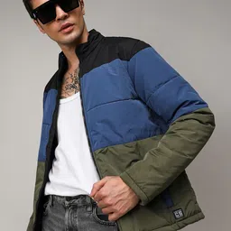 Campus Sutra Blue Colourblocked Stand Collar Windcheater Bomber Jacket-image-35