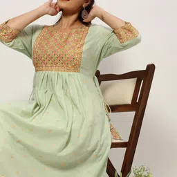 SHOWOFF Plus Ethnic Motifs Woven Design Mirror Work Pastels Pleated Kurta-image-49