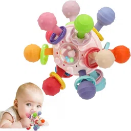 Chewable Baby Toy with Rattle & Soft Grips | Multicolor Sensory Teether Ball Teether-picture-27