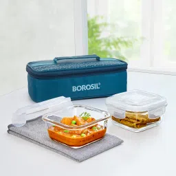 Teal Lunch Box with Bag, 2pc (320 ml x 2 Square), Horizontal Glass Office Tiifin 2 Containers Lunch Box-13