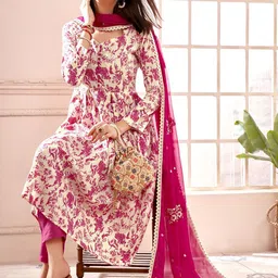 Anouk Women Floral Printed Pleated Thread Work Pure Cotton Kurta with Trousers & With Dupatta-15