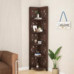 Sheesham Wood Circle Corner Shelf for Living Bedroom/5 Tier Corner Bookshelf Solid Wood Open Book Shelf-image-42