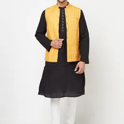 Fabindia Men Yellow Striped Dobby Woven Nehru Jacket image 2