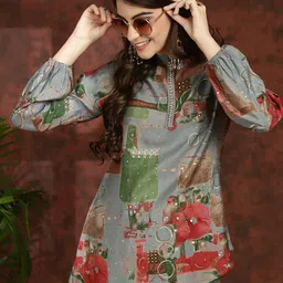 Claura Grey Abstract Printed Mandarin Collar Tunic With Flared Palazzos image 5