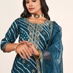 Sangria Leheriya Embroidered Straight Kurta With Trousers & Dupatta-picture-14