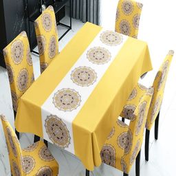 HOKIPO 6-Pcs Yellow & White Printed Suitable Chair Covers With Table Cloth-18