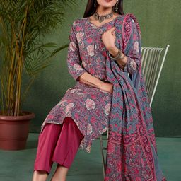Sangria Floral Printed Pure Cotton Straight Kurta With Trouser & Dupatta-picture-21