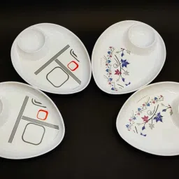 Division and Partition Plate for Starter/Breakfast/Snacks/ Home and Kitchen Set of 4 Dinner Plate Oval Shape( Design May Vary Pure Melamine 100% Chip & Dip Tray-13