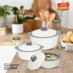 jaypee Hotfeast Inner Steel Serving Dinner Set Chapati Box for Gifting Dining Tableware Pack of 3 Serve Casserole Set image 5