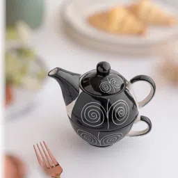 Doodle-Design Ceramic Black Kettle with Cup | Microwave-Safe, Set of 1 Tea Urn-image-2