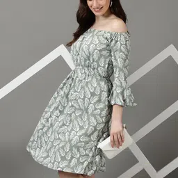 SHOWOFF Floral Printed Off-Shoulder Bell Sleeve Crepe Fit & Flare Dress-image-95