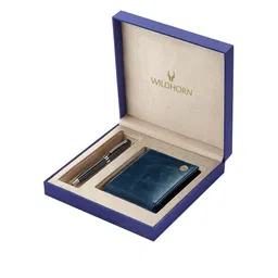 WildHorn Men Blue & Black RFID Protected Genuine Leather Wallet & Pen Accessory Gift Set-image-97