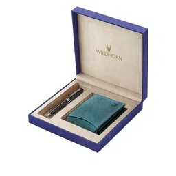 WildHorn Men Blue & Black RFID Protected Genuine Leather Wallet & Pen Accessory Gift Set-image-95