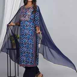 ELVISH JAIPUR Bandhani Printed Round Neck Thread Work Kurta with Palazzos & Dupatta image 3