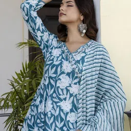 Anouk Women Floral Printed Angrakha Aari Work Pure Cotton Kurta with Trousers & With Dupatta-picture-14
