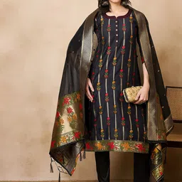 RAJGRANTH Regular Chanderi Cotton Kurta with Trousers & With Dupatta image 5