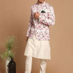 VASTRAMAY Men Cream-Coloured Kurti with Churidar & With Nehru Jacket image 3