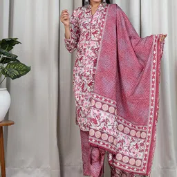 KALINI Floral Printed Regular Chanderi Cotton Kurta With Trousers & Dupatta image 2