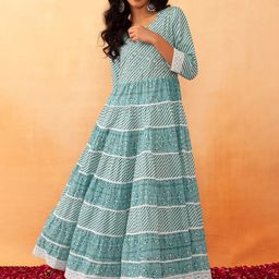 Rang by Indya Striped Sequined Pure Cotton Fit & Flare Ethnic Maxi Ethnic Dress-picture-29