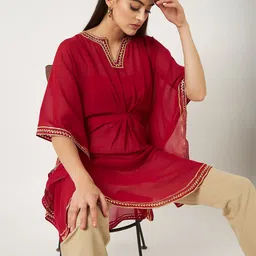 Pannkh Flared Sleeves Thread Work Georgette Kaftan Kurta image 4