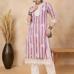 Anouk Striped Pure Cotton Thread Work Straight Kurta-31