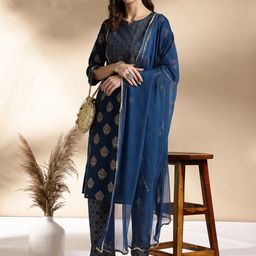 Anouk Teal blue Ethnic Motifs Printed Gotta Patti Pure Cotton Kurta With Trouser & Dupatta-17