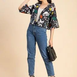 Moomaya Conversational Printed Crop Cotton Open Front Shrug image 5